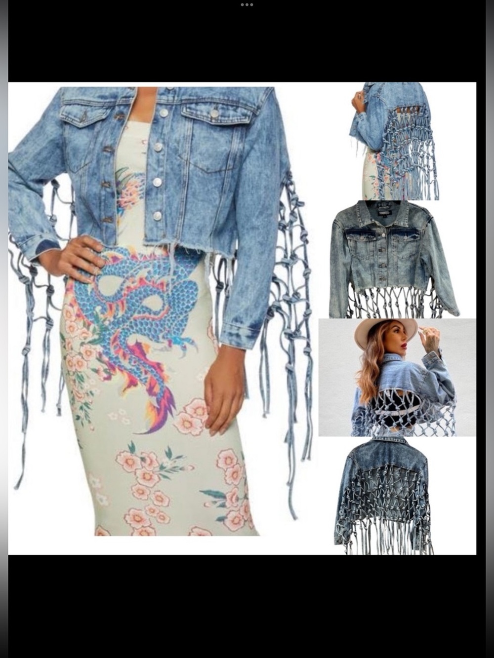 THRILL JEANS Blue Destroyed Fringe Macrame Back Light Wash Denim Jacket SMALL